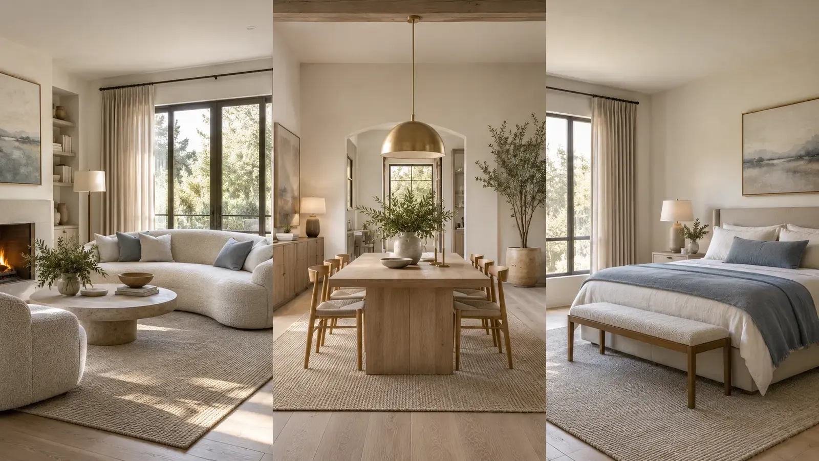 Consistent interior design style applied across a living room, dining room, and bedroom