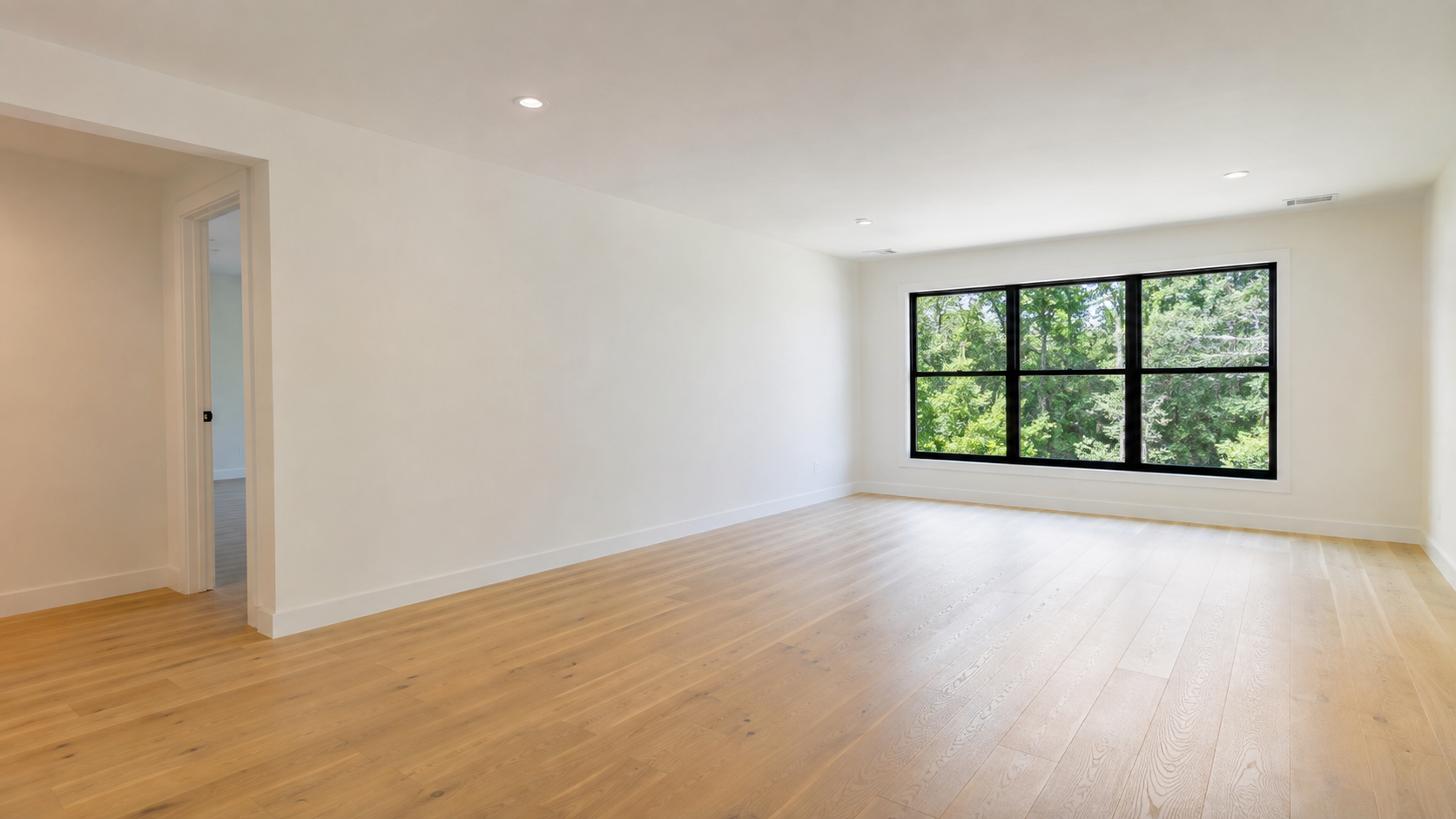 Empty living room before virtual staging with wood flooring and a large black-framed window