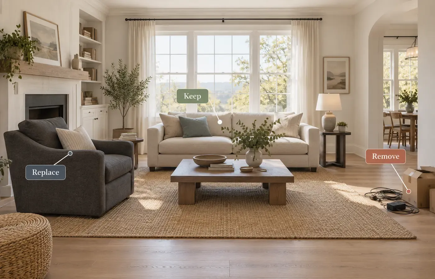 Keep replace and remove decisions for virtual staging a furnished room