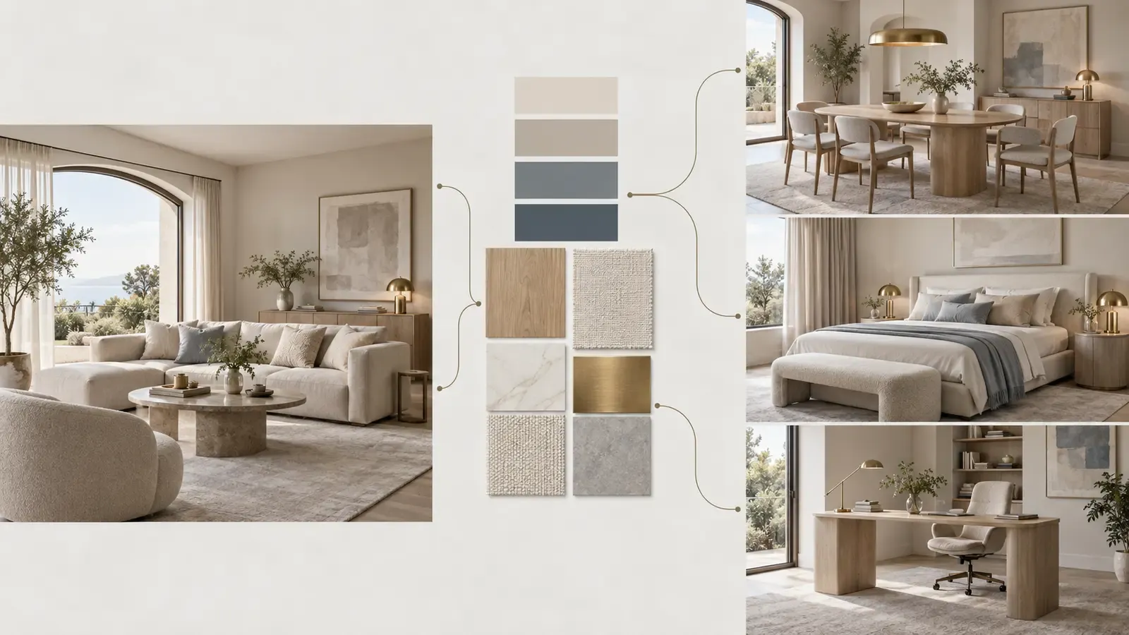 One interior design style adapted across three different rooms