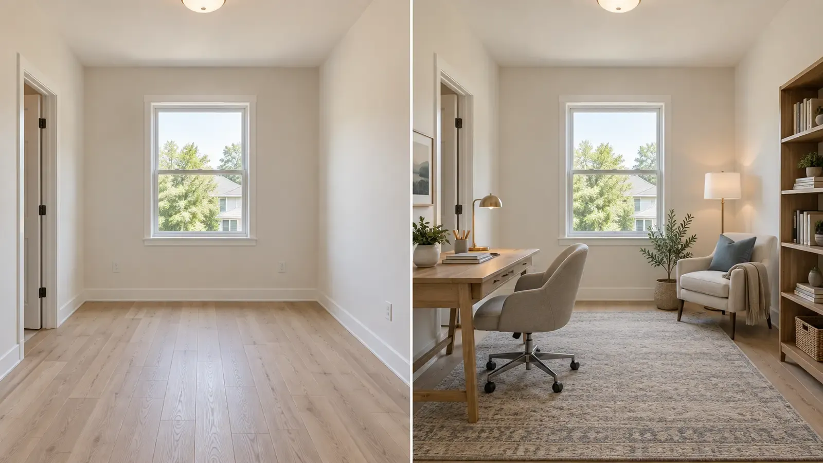 Empty flex room shown as a functional home office through virtual staging