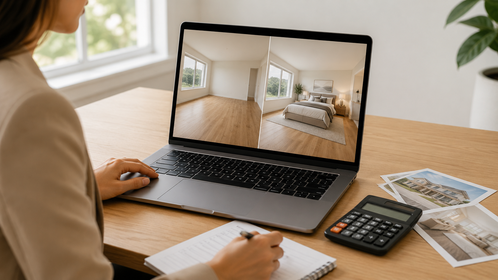 Real estate professional calculating virtual staging cost while reviewing a bedroom Before and After comparison