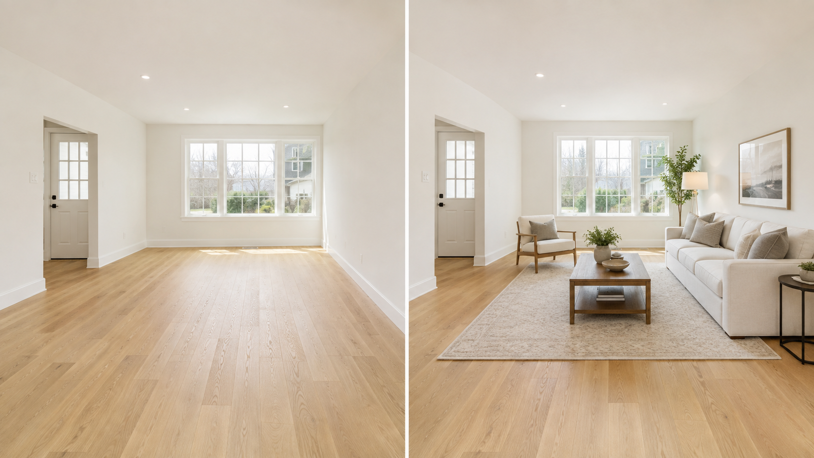 Before-and-after virtual staging comparison of an empty living room