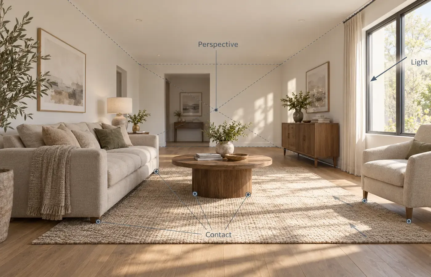 Perspective lines, furniture contact points, and light direction in a staged room