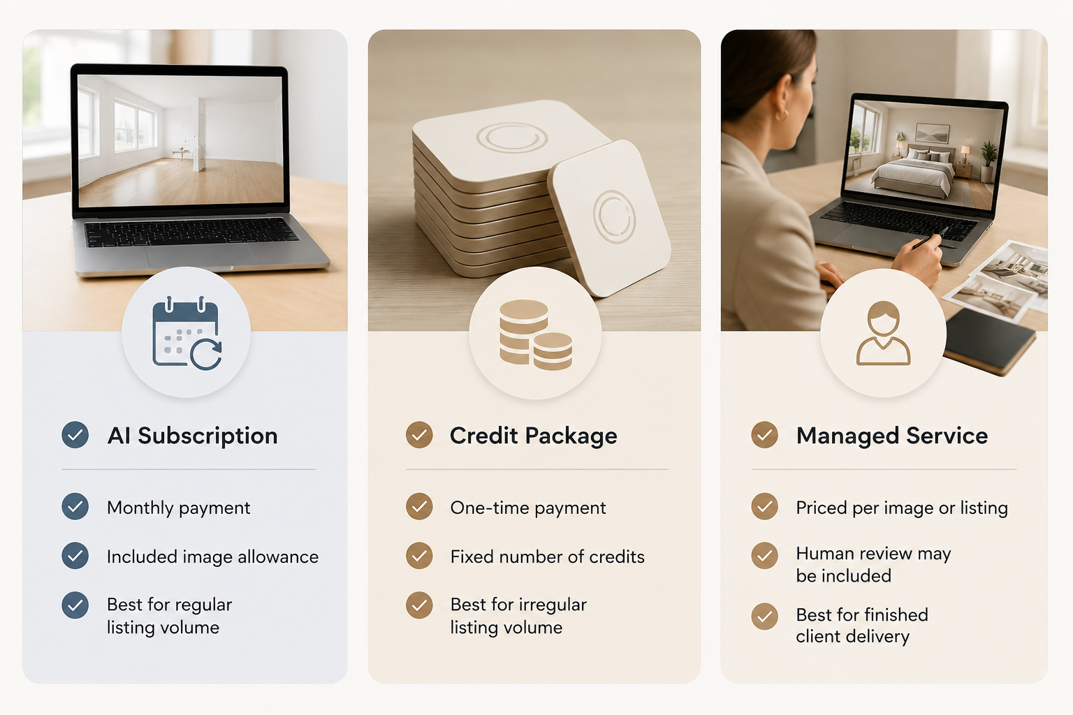 Comparison of AI subscription, credit package, and managed service virtual staging pricing models