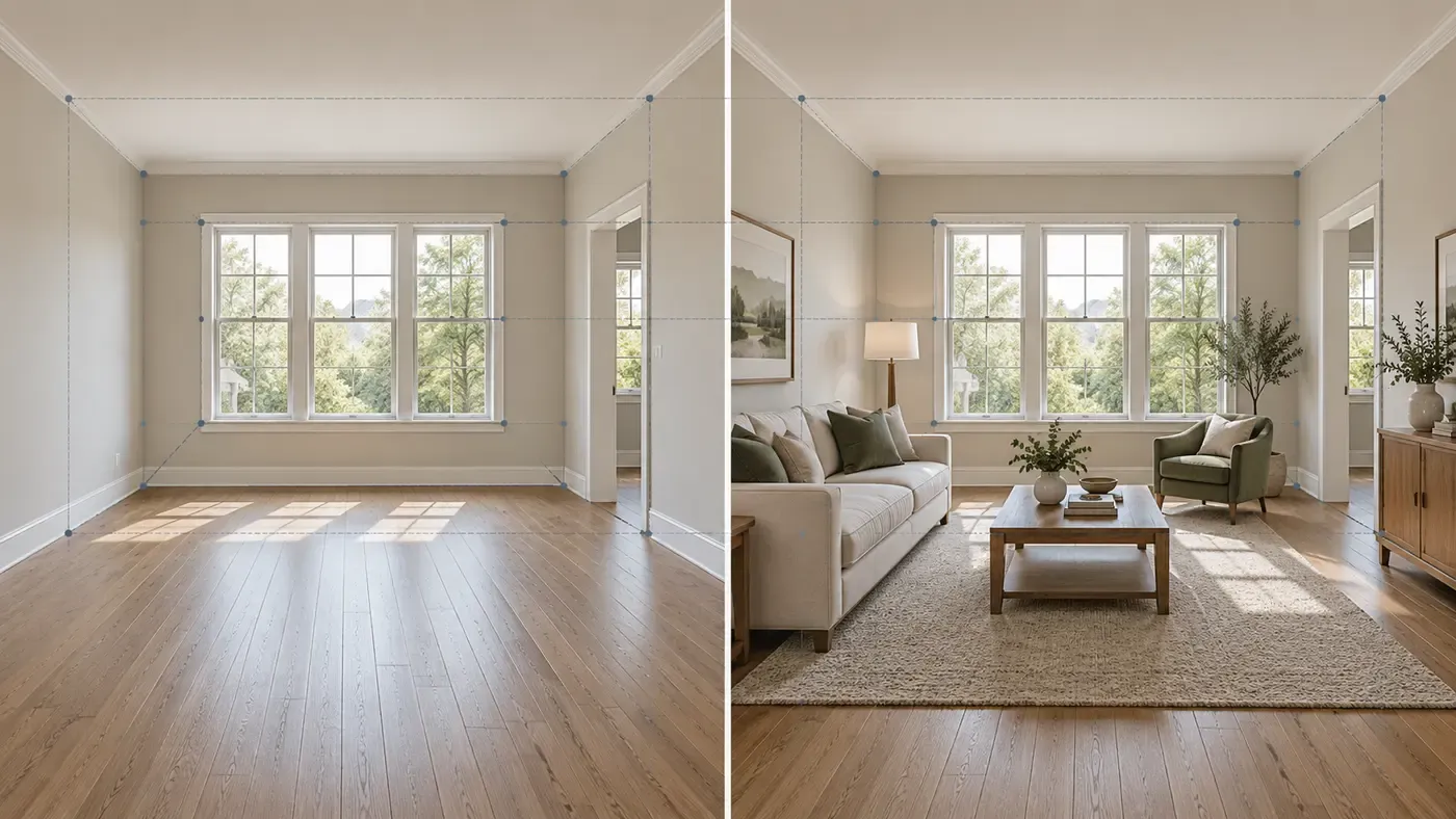 Before and after virtual staging with the room architecture preserved