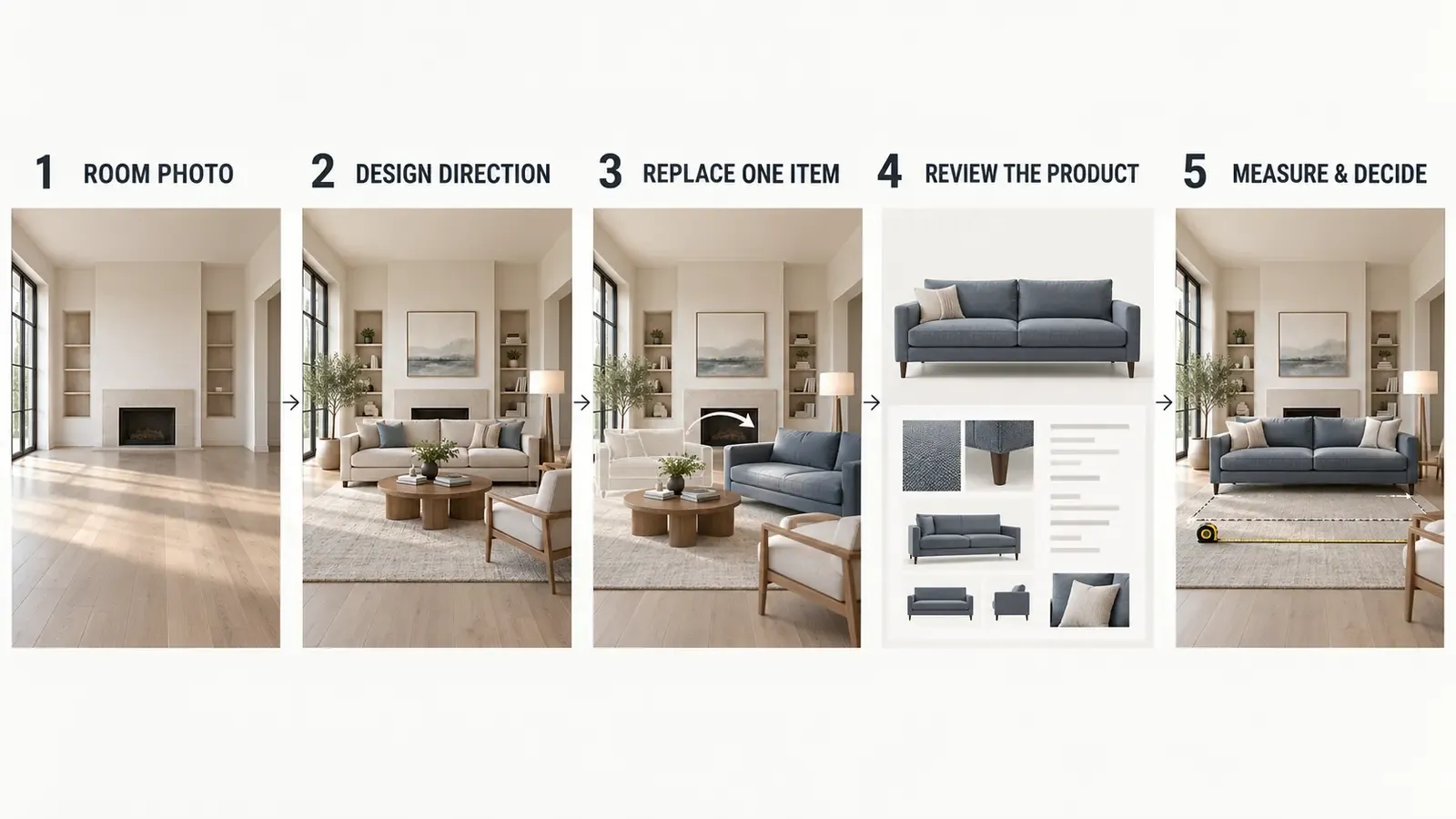 Workflow from AI virtual staging to a real furniture decision