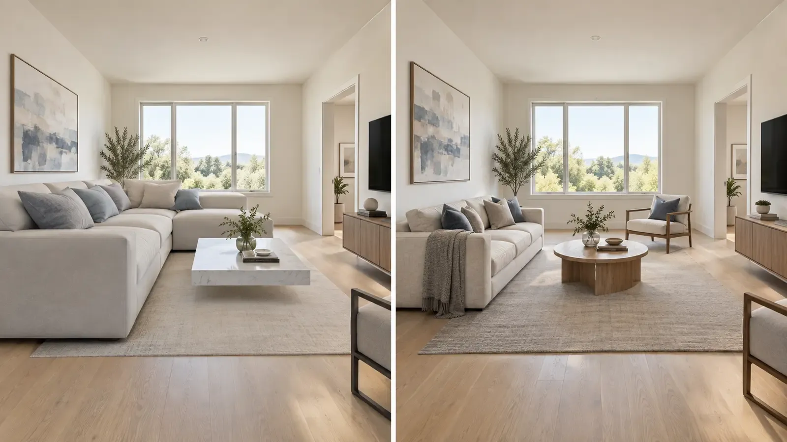 Unrealistic and realistic AI virtual staging compared in the same living room