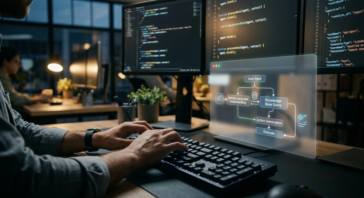 Un développeur interagissant avec un agent IA de codage, symbolisant l'efficacité de Gemini 3.7 Flash dans les workflows de développement.
