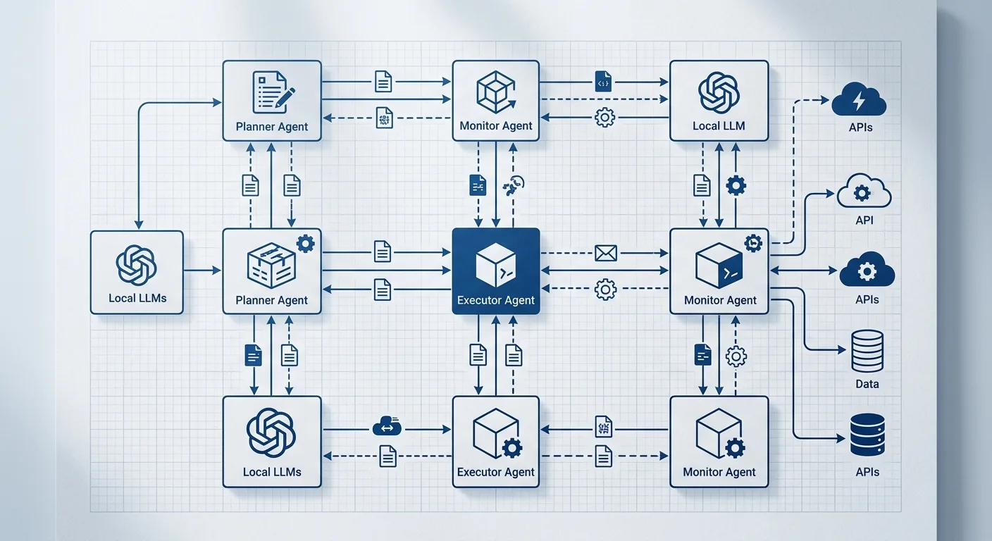 Schéma d'architecture d'un système d'agents multi-tâches optimisé pour la performance locale et hybride.