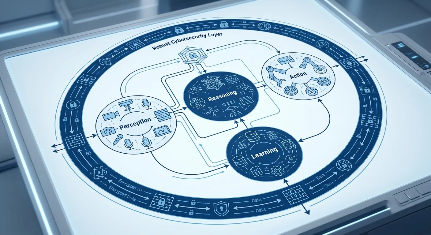 Schéma d'architecture d'un agent IA autonome avec ses boucles de décision et ses couches de sécurité.