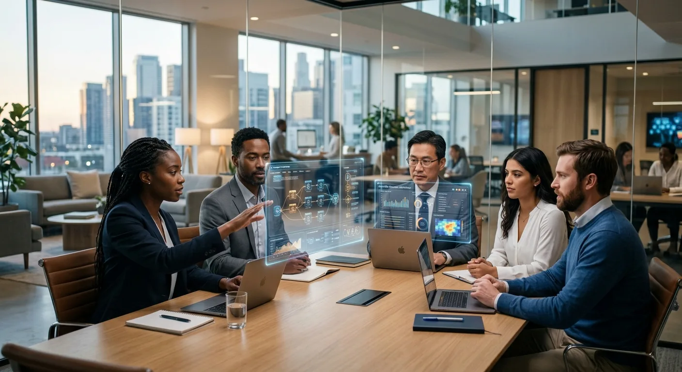 Une équipe collaborant dans un bureau moderne, supervisant des flux de travail complexes orchestrés par des agents IA.
