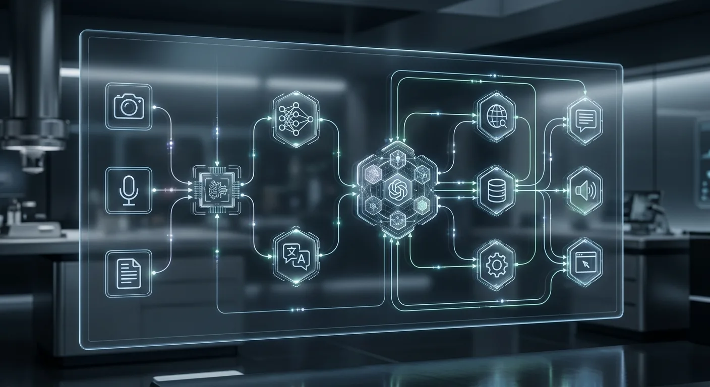 Schéma d'architecture d'un système d'agent multimodal interagissant avec des entrées visuelles et textuelles.