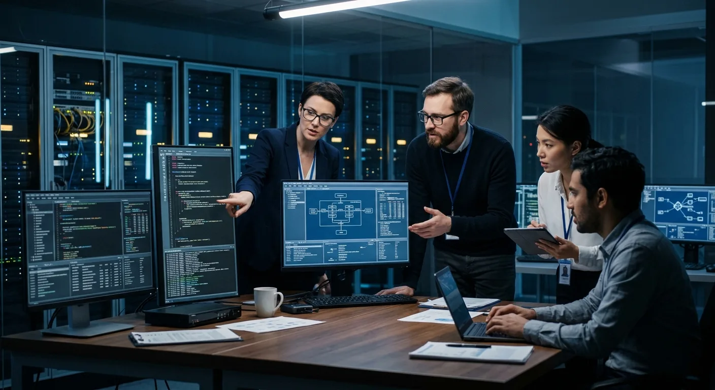 Ingénieurs réseau et architectes de solutions IA travaillant sur la sécurisation des infrastructures locales.