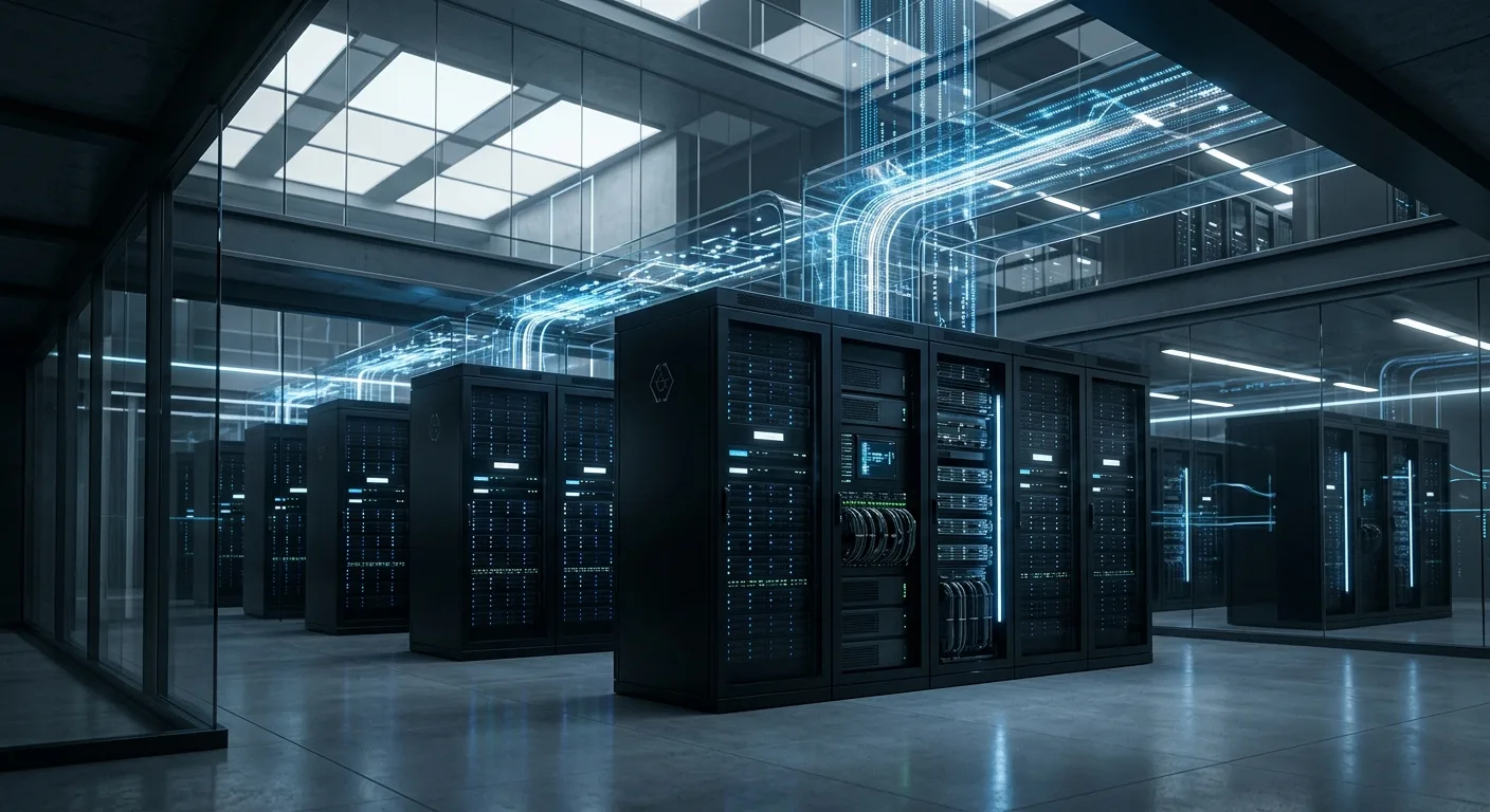 Visualisation de l'infrastructure de cloud computing et des flux de données, symbolisant les coûts et la scalabilité des modèles IA.