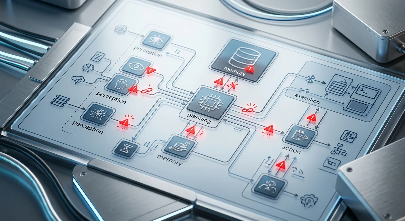Architecture d'un système d'agent IA avec les points de vulnérabilité identifiés.