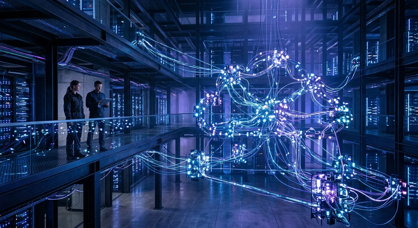 Représentation abstraite d'une infrastructure cloud, symbolisant le déploiement et l'orchestration des agents IA.