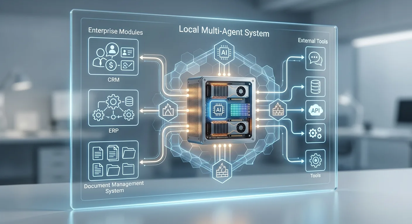 Schéma d'architecture d'un système multi-agents local utilisant DeepSeek-V4-Flash-Vision-Exp et Ollama.