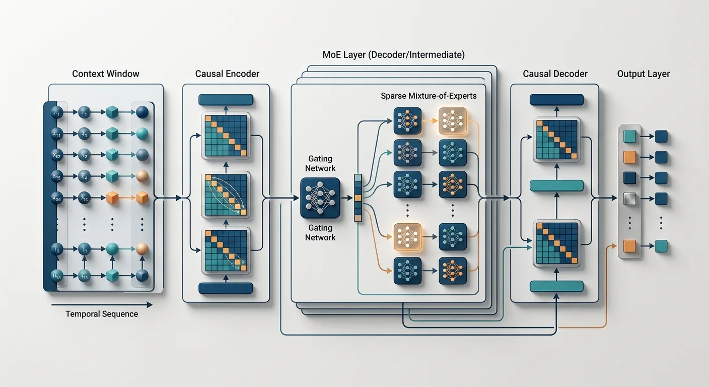 Schéma de l'architecture Causal Encoder-Decoder MoE de DeepSeek V4.1 Flash, optimisée pour l'efficacité.
