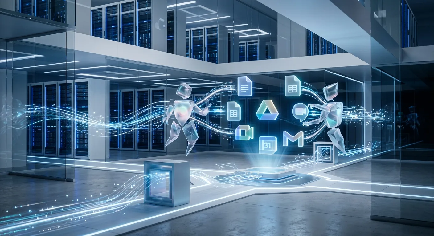 Représentation architecturale de l'orchestration des agents IA de Gemini au sein de l'écosystème Google Workspace.