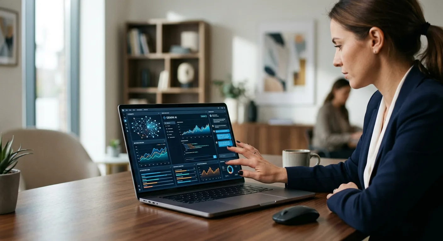 Un utilisateur interagit avec l'interface Gemini sur un ordinateur portable, visualisant des analyses de données complexes.