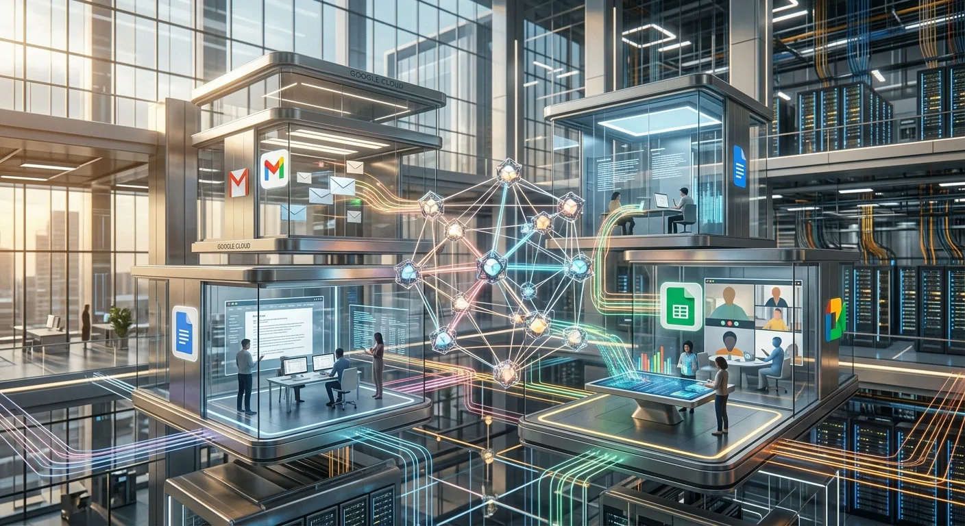 Représentation abstraite d'agents IA collaborant au sein de l'infrastructure Google Cloud, illustrant l'intégration de Workspace.