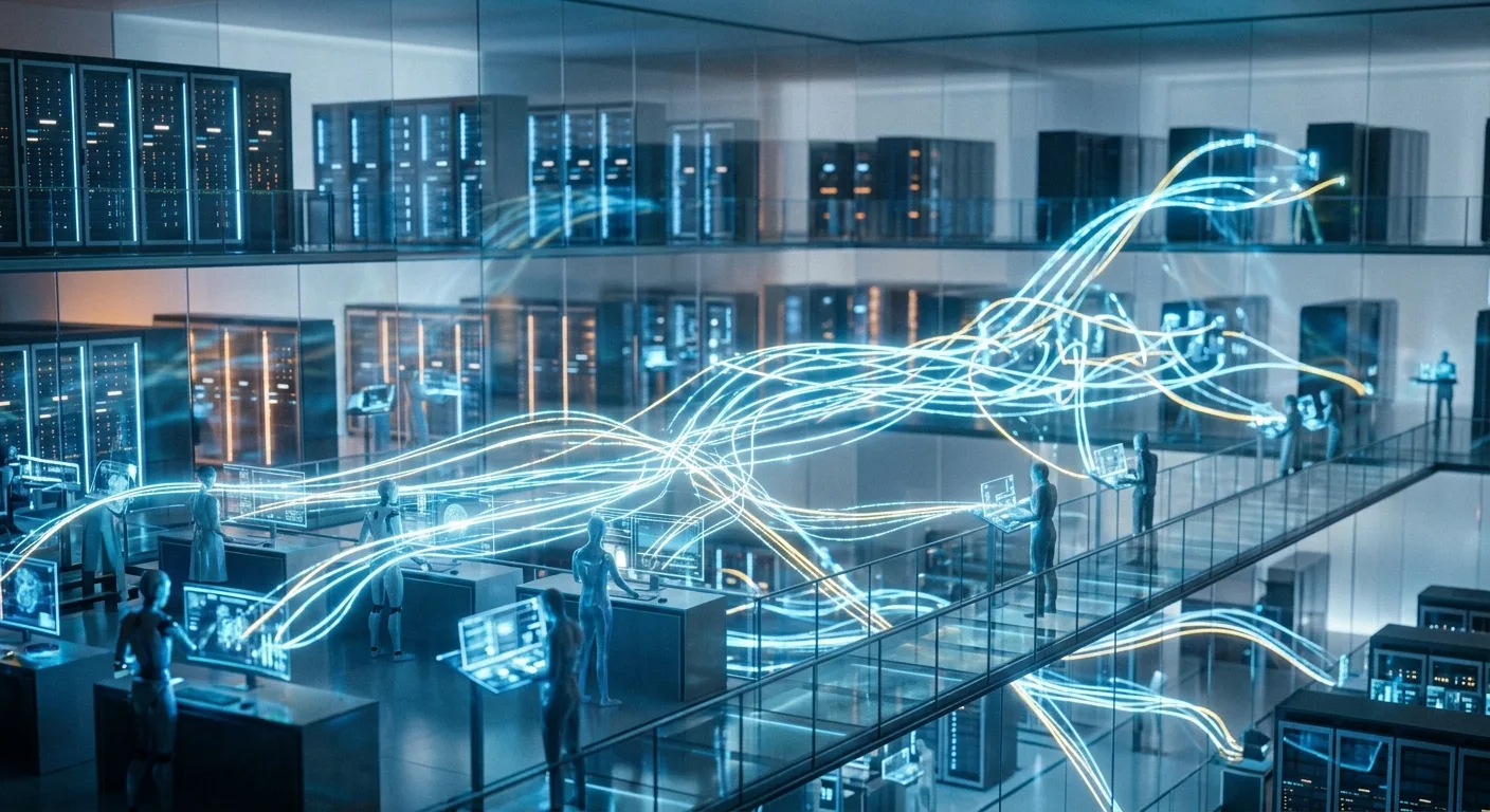 Représentation abstraite d'une infrastructure cloud où des agents IA interagissent pour orchestrer des workflows d'entreprise.