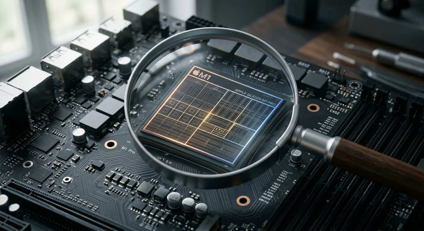 Détail d'une puce Apple Silicon, illustrant la complexité de l'architecture MLX.