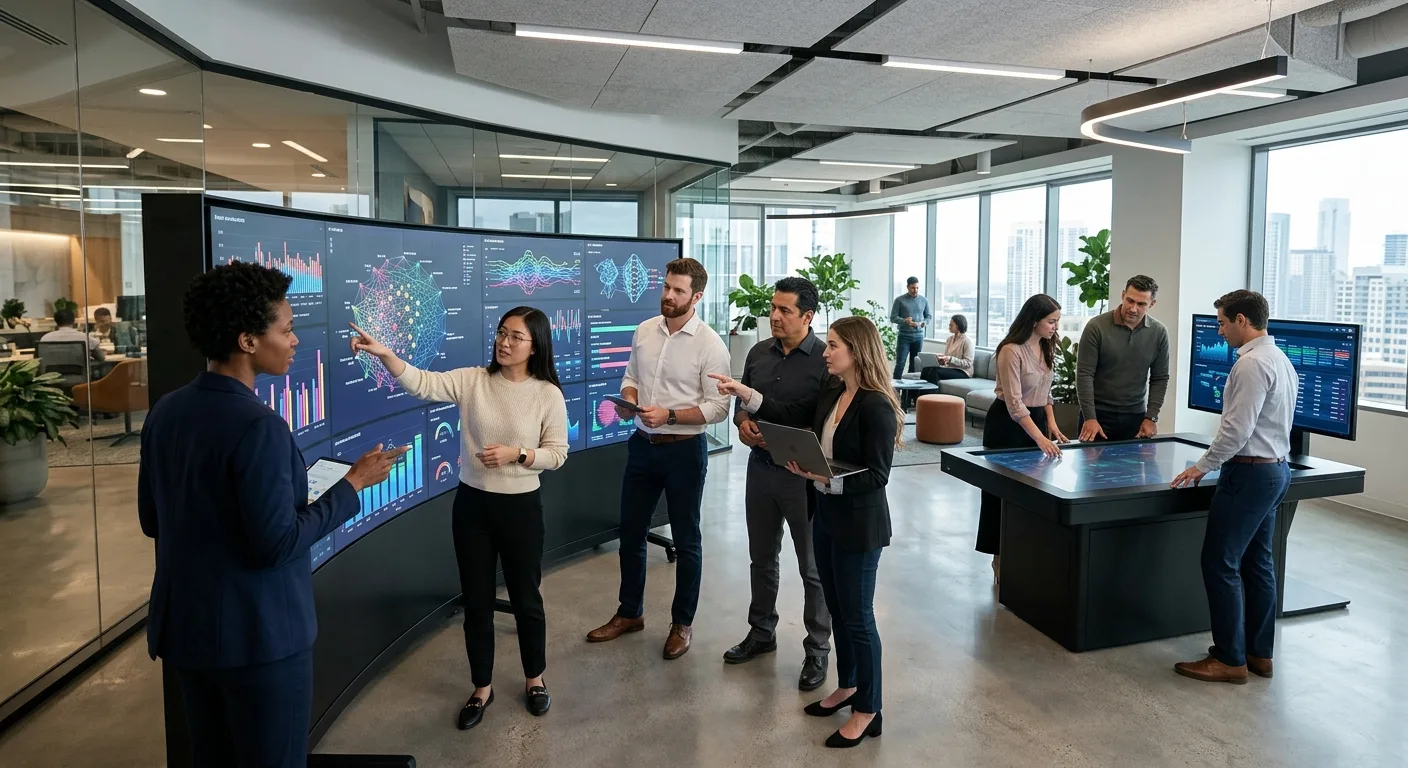 Un environnement de travail moderne où des agents IA optimisent les flux de données et la collaboration.
