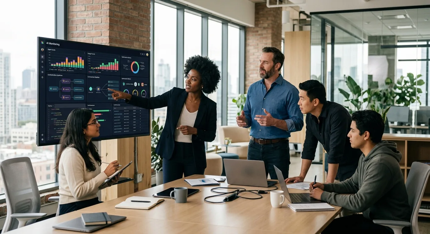 Équipe analysant les tableaux de bord de coûts pour l'orchestration d'agents IA en entreprise.