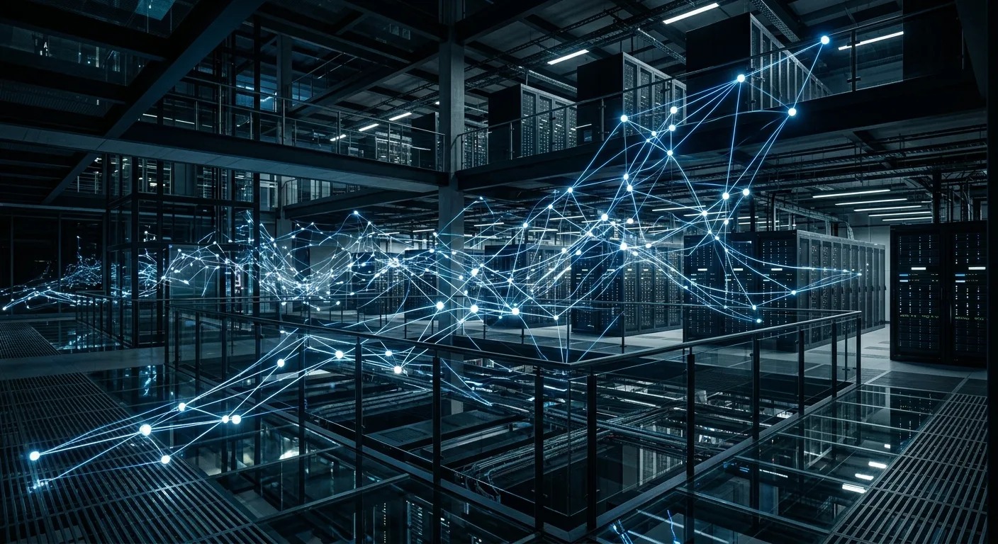 Représentation d'une infrastructure de cloud computing avec des agents IA interconnectés, symbolisant la mémoire contextuelle et le MCP.