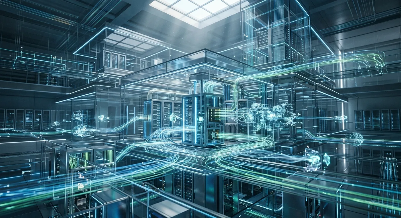 Architecture d'agents IA interconnectés dans un environnement cloud, symbolisant l'efficacité et la scalabilité.