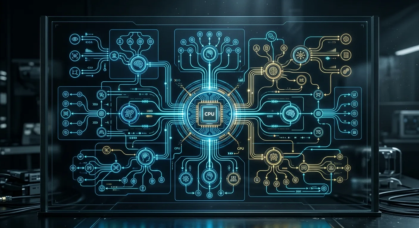 Architecture complexe d'un système multi-agents, illustrant l'orchestration des tâches par des modèles comme DeepSeek V5.