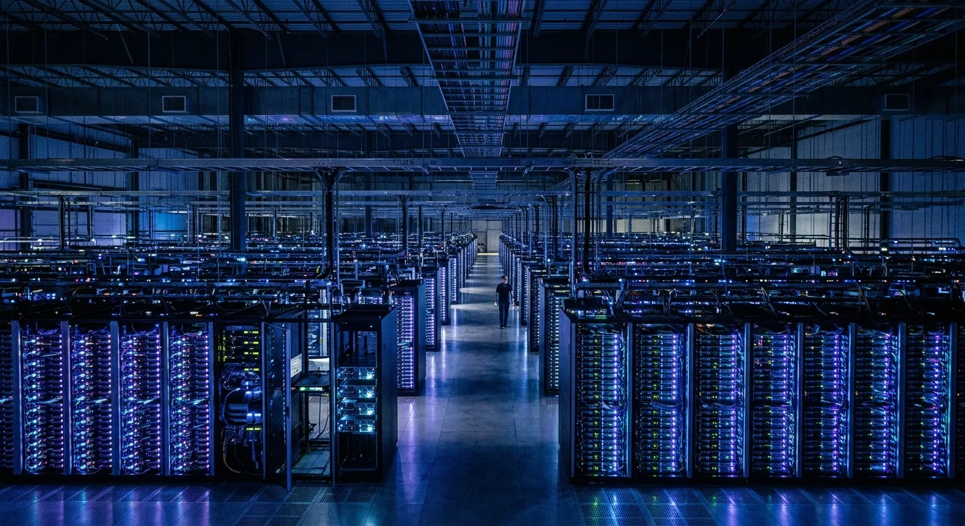 Infrastructure de cloud computing avec des serveurs lumineux, symbolisant la puissance sous-jacente des modèles Gemini.