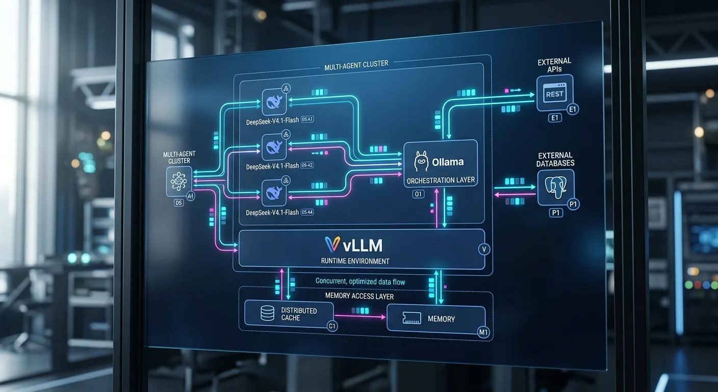 Architecture optimisée d'un système multi-agents tirant parti de DeepSeek-V4.1-Flash, vLLM et Ollama pour un débit maximal.