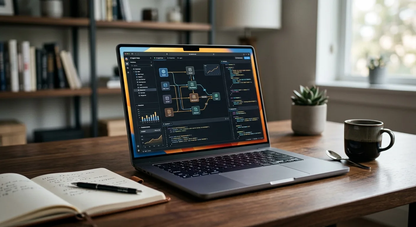 Visualisation d'un workflow d'agent IA complexe sur un ordinateur portable, illustrant les capacités de Gemini dans Workspace.