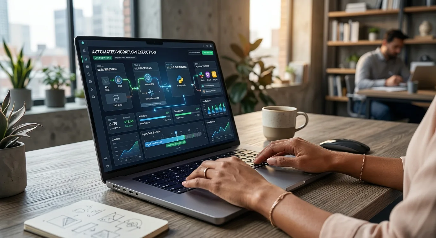 Visualisation d'un workflow complexe orchestré par l'agent Gemini sur un poste de travail moderne.