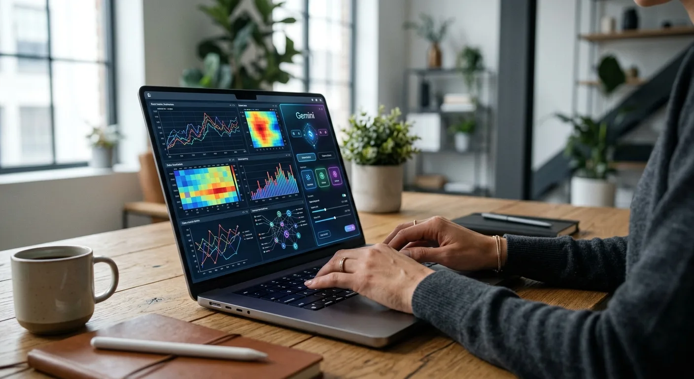 L'interface Gemini sur un ordinateur portable, montrant des visualisations de données et des interactions utilisateur.