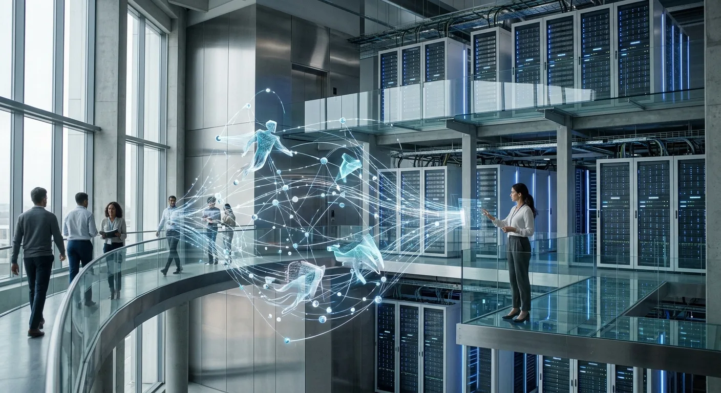 Représentation abstraite de l'infrastructure de cloud computing, avec des agents IA et des flux de données interconnectés.