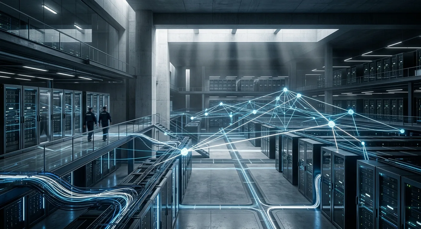 Visualisation abstraite de l'architecture d'agents IA dans un environnement cloud sécurisé.
