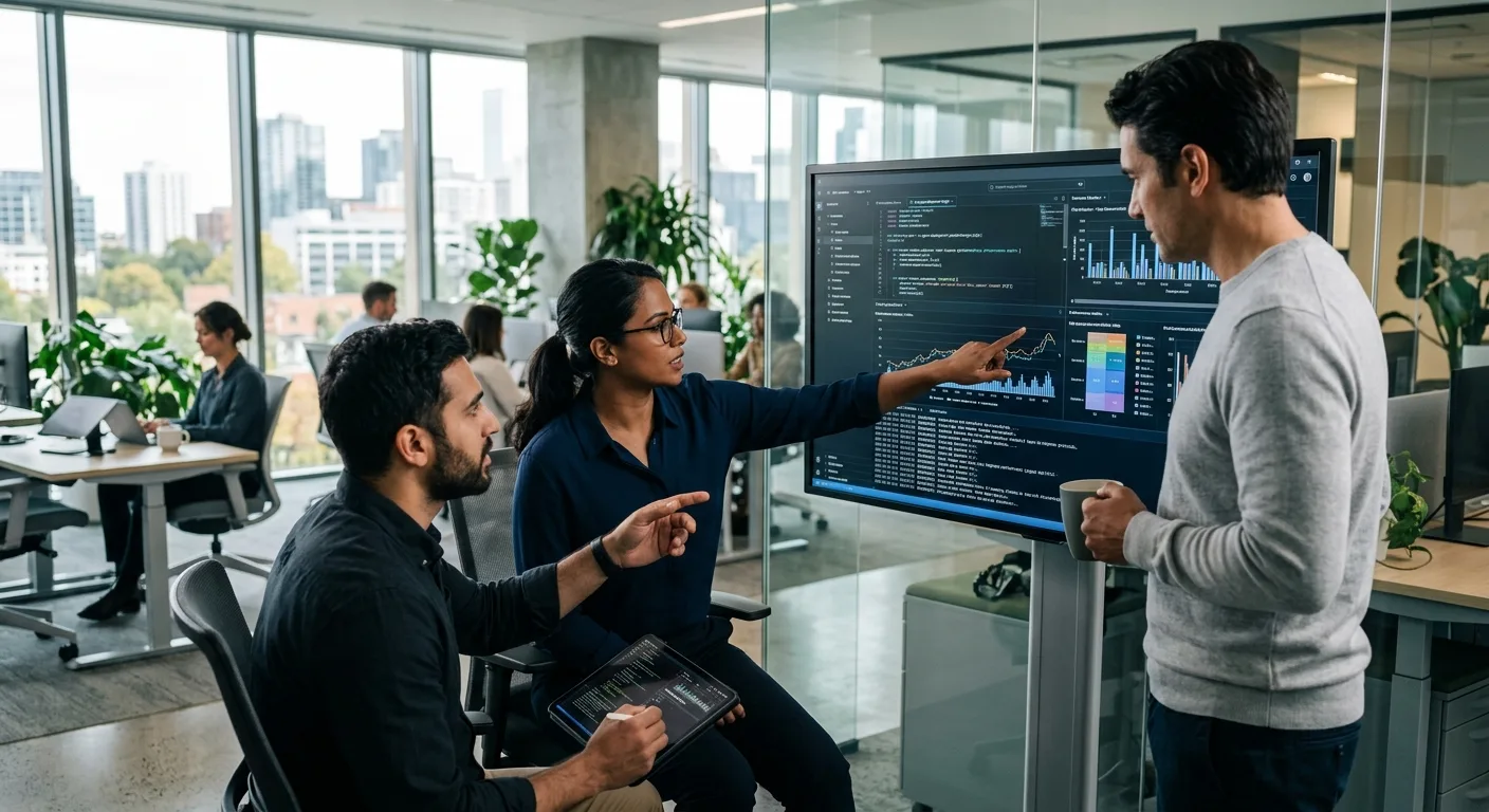 Équipe d'ingénieurs analysant les métriques de performance d'un déploiement d'agents IA.