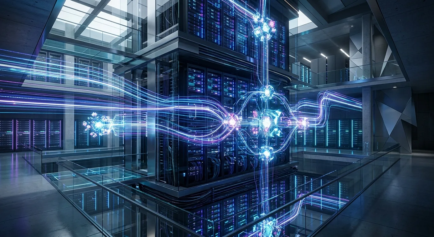Représentation abstraite de l'infrastructure cloud et des agents IA orchestrant des tâches complexes.