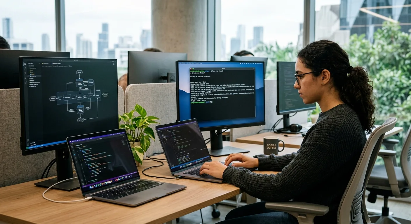 Un développeur utilisant Ollama pour tester des agents autonomes, illustrant l'application pratique des modèles de décision 'd3' dans un environnement de travail.