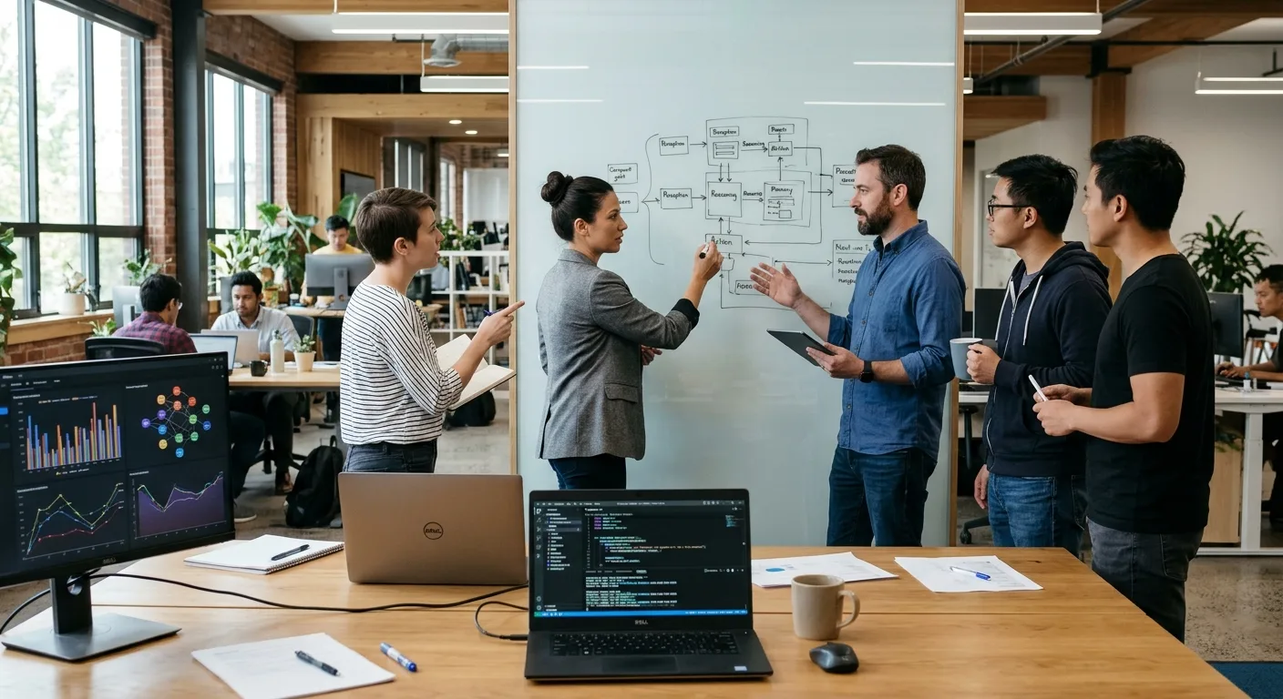 Une équipe d'ingénieurs discutant l'architecture d'un agent IA pour un déploiement en entreprise.