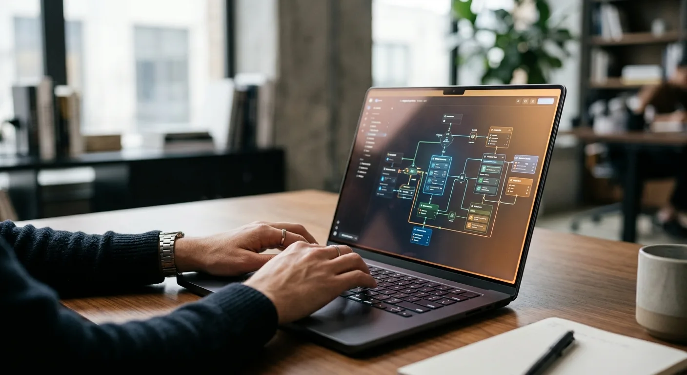 Visualisation d'un workflow agentique complexe sur un ordinateur portable, illustrant l'intégration des 'Skills' Gemini.