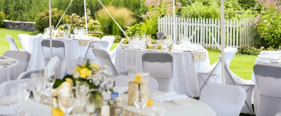 Picture-perfect Wedding Setup: Elegant Tables, Chairs, Tablecloths, and Tents for Unforgettable Celebrations