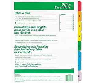 SEPARADOR BLANCO LÁSE/INKJET OFFICE ESSENTIALS 8-PESTAÑAS MULTICOLOR PREDISEÑADO 1 JUEGO AVERY