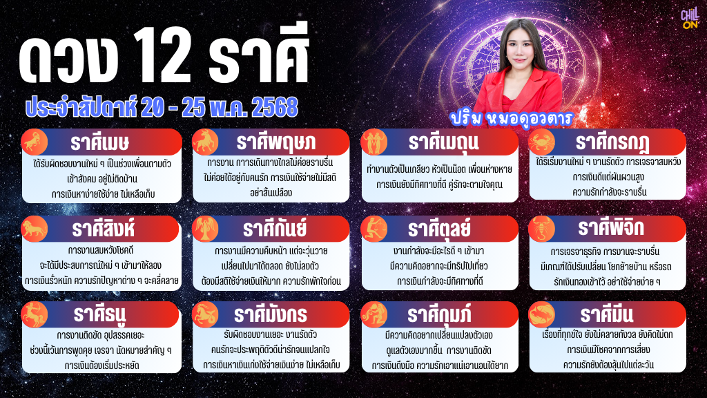 ราศีไหน ความรักพักใจก่อน เช็กเลย ดวง 12 ราศี ประจำสัปดาห์ 20 - 25 พ.ค. 2568