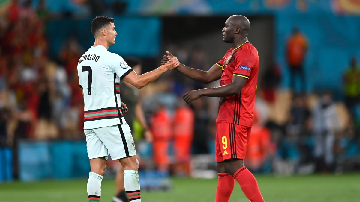 Romelu Lukaku comforts a dejected Cristiano Ronaldo after Belgium defeated Portugal in Euro 2020.