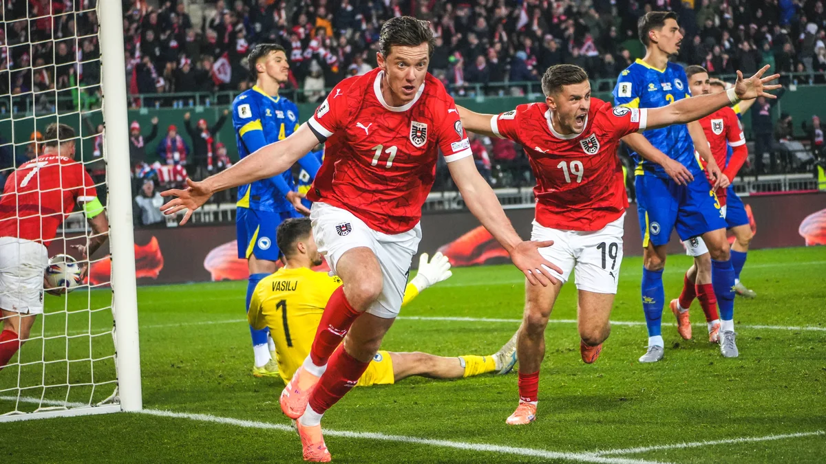 Austrian forward Michael Gregoritsch celebrates scoring a goal during a World Cup qualifier match against Bosnia and Herzegovina.
